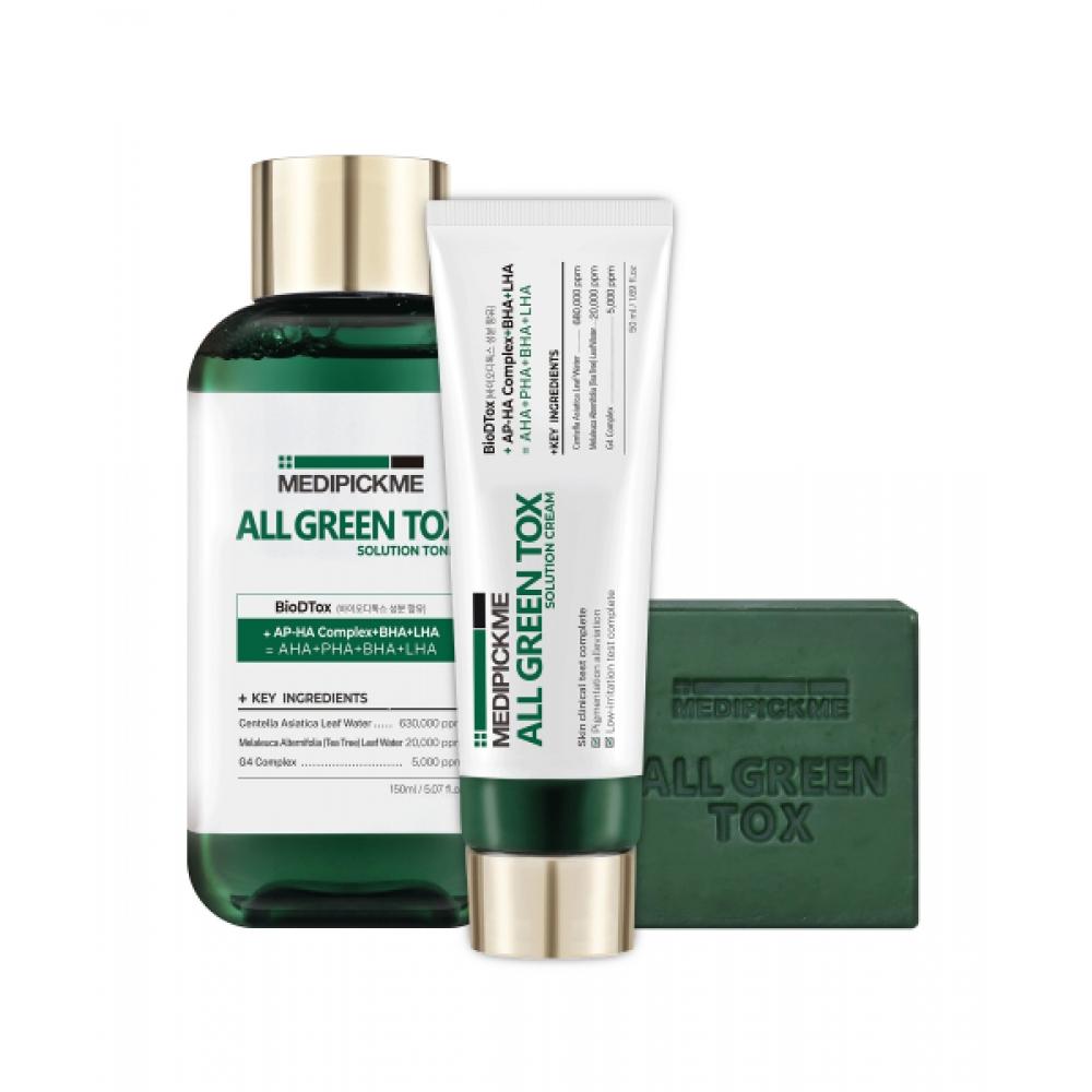 Medipickme Sensitive Skin Intensive Cica Care All Green Tox Solution Set Of 3  150ml Toner+50ml Cream+90g Cleansing Bar 