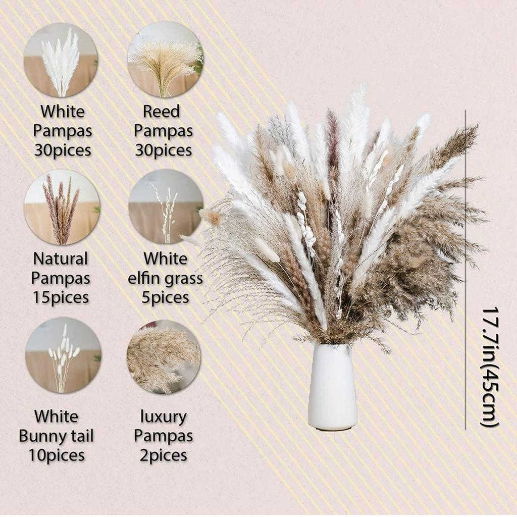 Dried Pampas Grass Decor, 100 PCS Pampas Grass Contains Bunny Tails Dried Flowers, Reed Grass Bouquet for Wedding Boho Flowers Home Table Decor