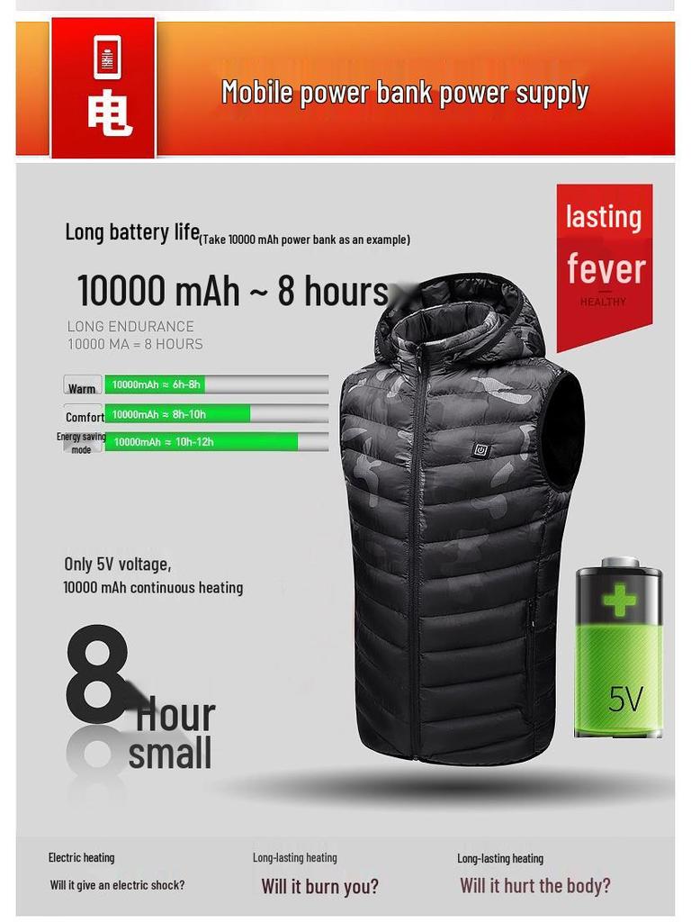 Мужской зимний жилет с капюшоном с подогревом - Электрический, Теплый, Хлопковый, Плюс Вельвет