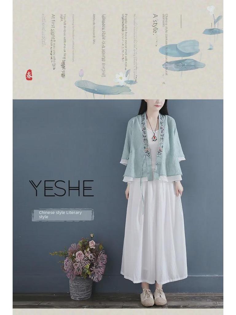 Хлопковая рубашка в китайском стиле в стиле ретро: Женский кардиган из двух частей со средним рукавом и косым воротником