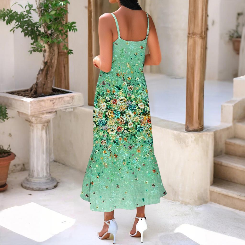 Женское длинное пляжное повседневное элегантное платье макси на тонких бретельках с цветочным принтом, струящееся платье в стиле бохо