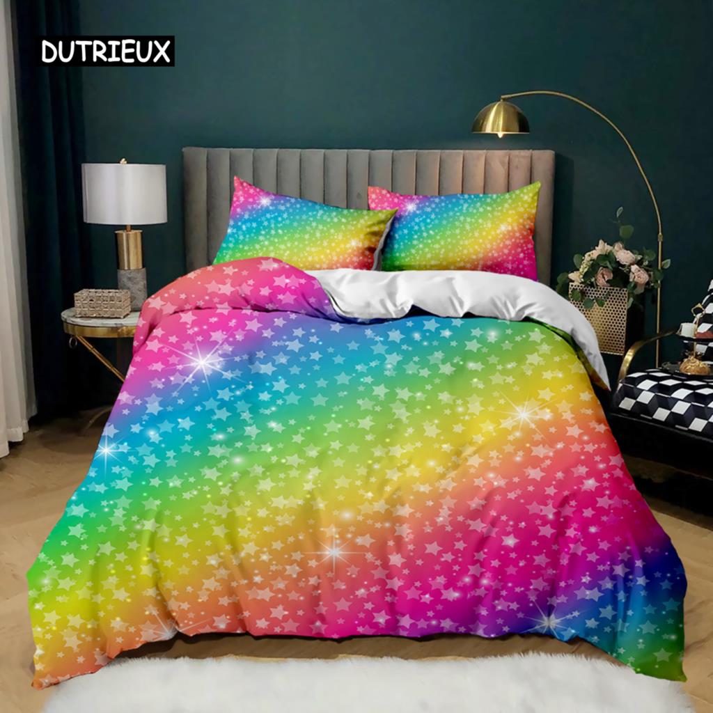 Rainbow Duvet Cover Set Girly Spiral Multicolor Bright Sequins Bedding Set for Kids Girls King Size Soft Microfiber Quilt Cover