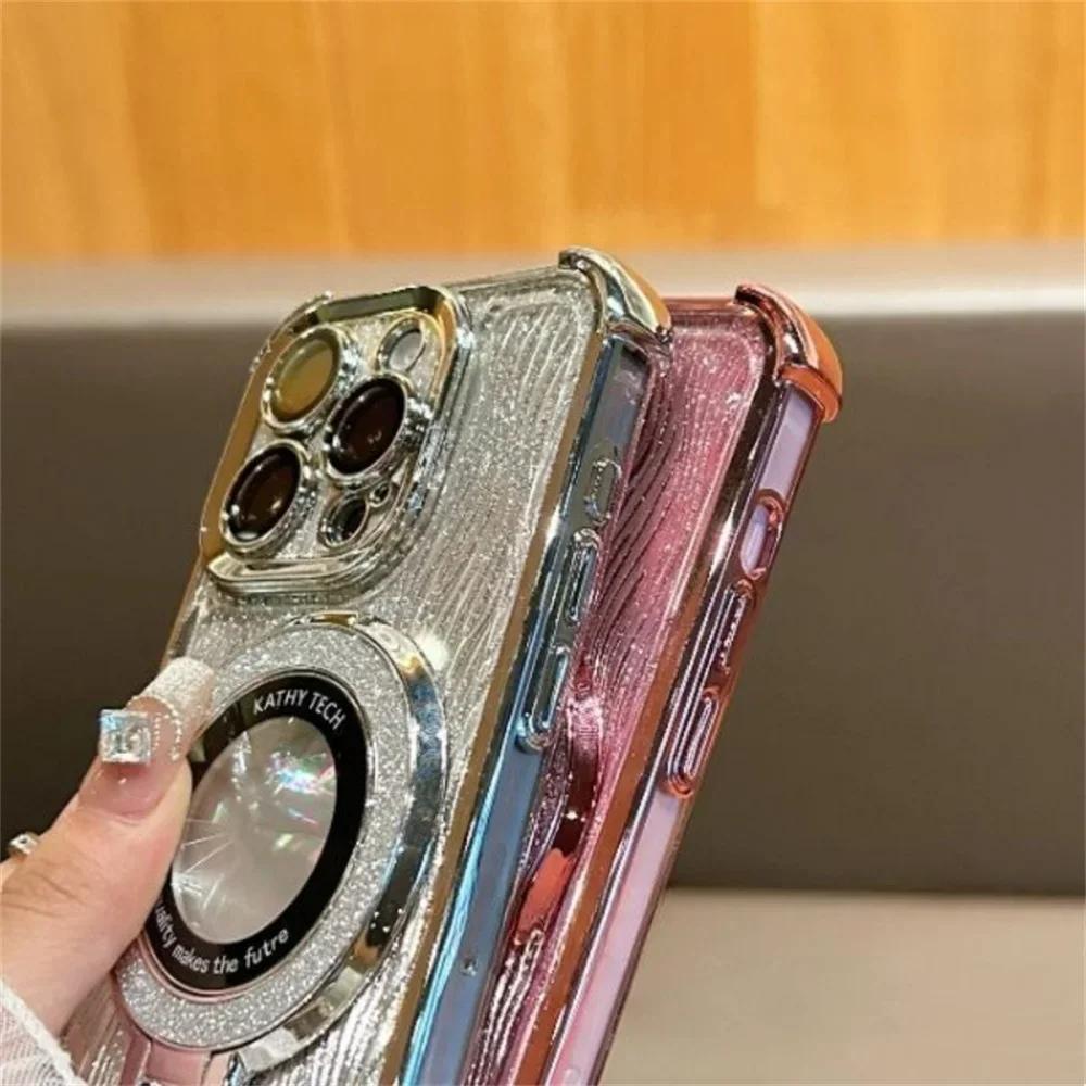 Чехол с блестками и водяной рябью Magsafe с отверстием под логотип для iPhone 14, 15 Pro Max, 13 Pro, складной чехол-держатель для iPhone 16 Plus, твердый чехол