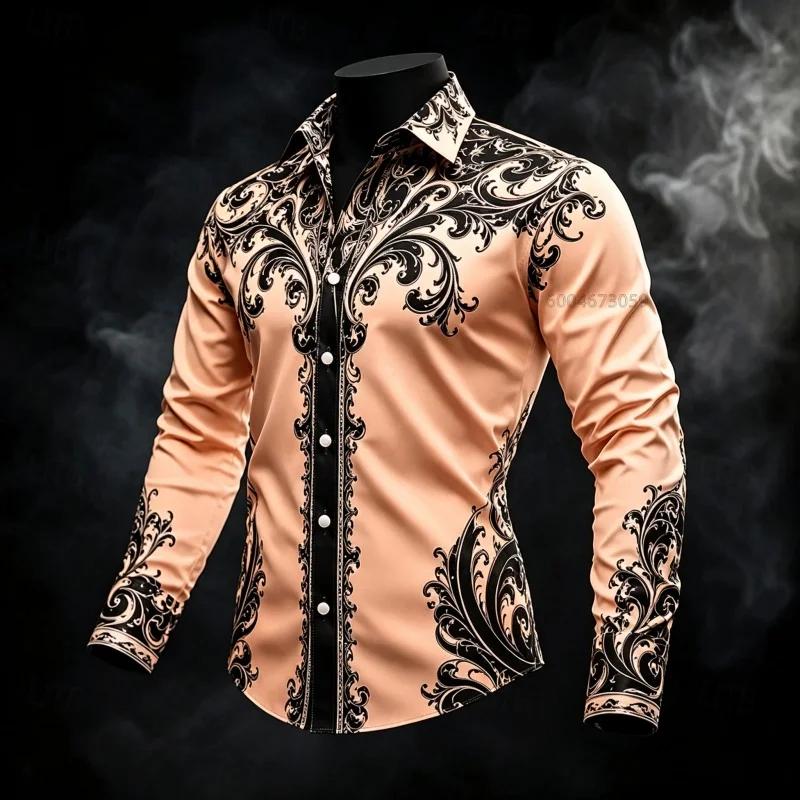 Men's Shirt with Contrasting Baroque Pattern Long-Sleeved Shirt, Slim Fit Lapel Shirt, Casual and Comfortable Men's Clothing