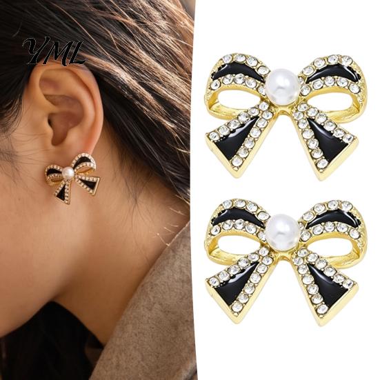 Chic Office Wear Jewelry 1 Pair Sparkly Rhinestone Bow Knot Stud Earrings for Women, Faux Pearl Sophisticated Gift Her Ribbon Earrings, Statement