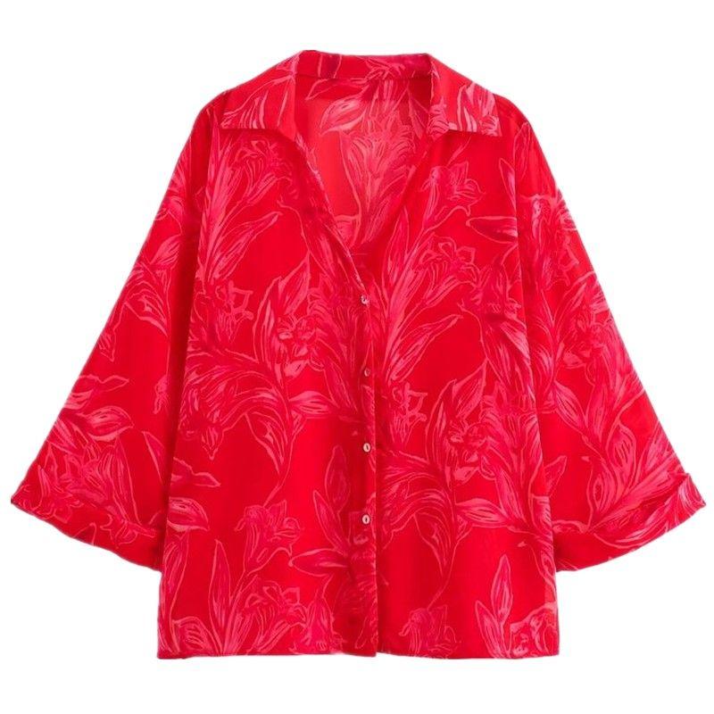 Fashion Style 2024 Autumn New Arrival Women's Stylish All-Match Commute Flower Print Transparent Shirt 8691137