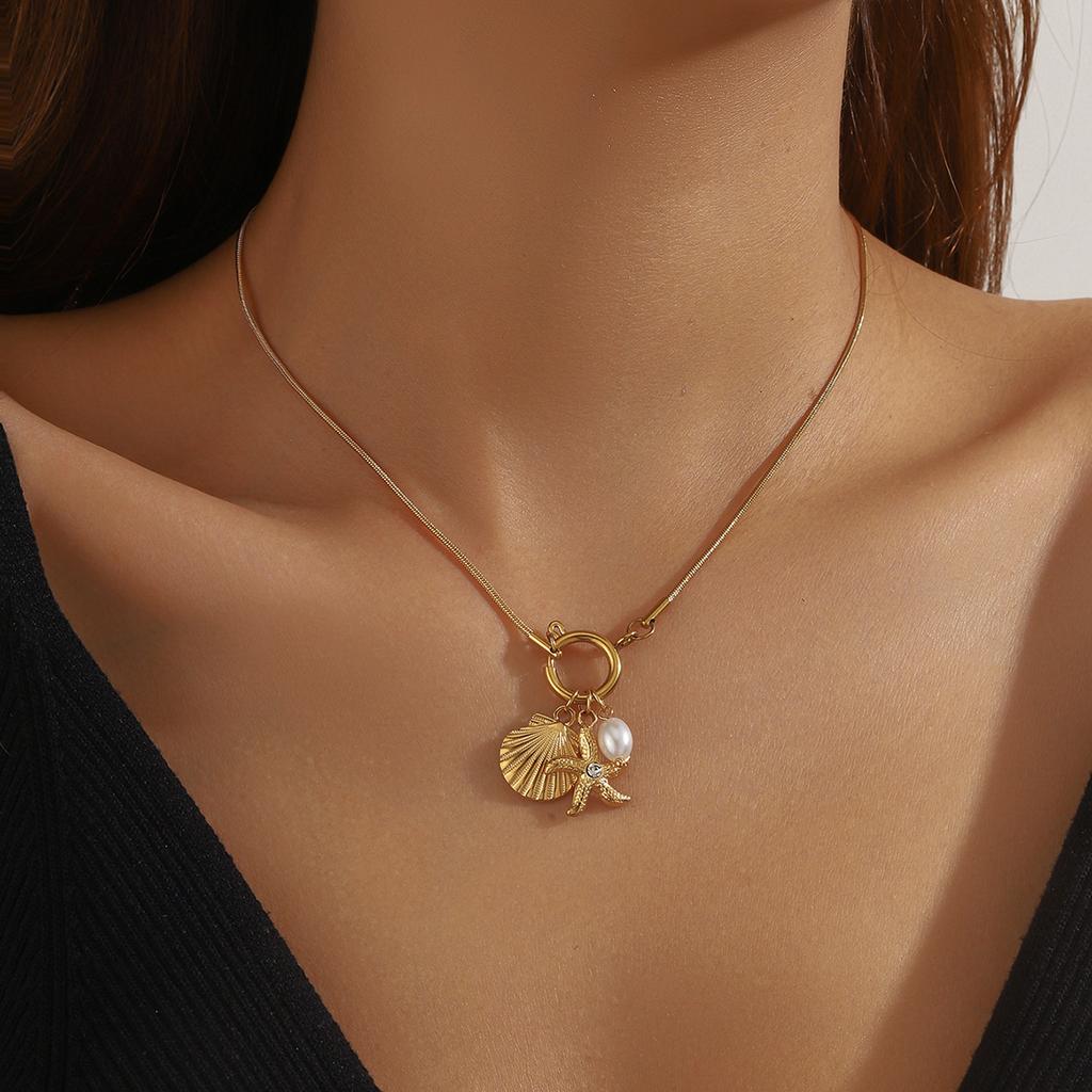 DIEYURO 316L Stainless Steell Golden Scallop Pearl SeaStar Zircon Pendant Necklace For Women Ocean Neck Chain Jewelry Gift
