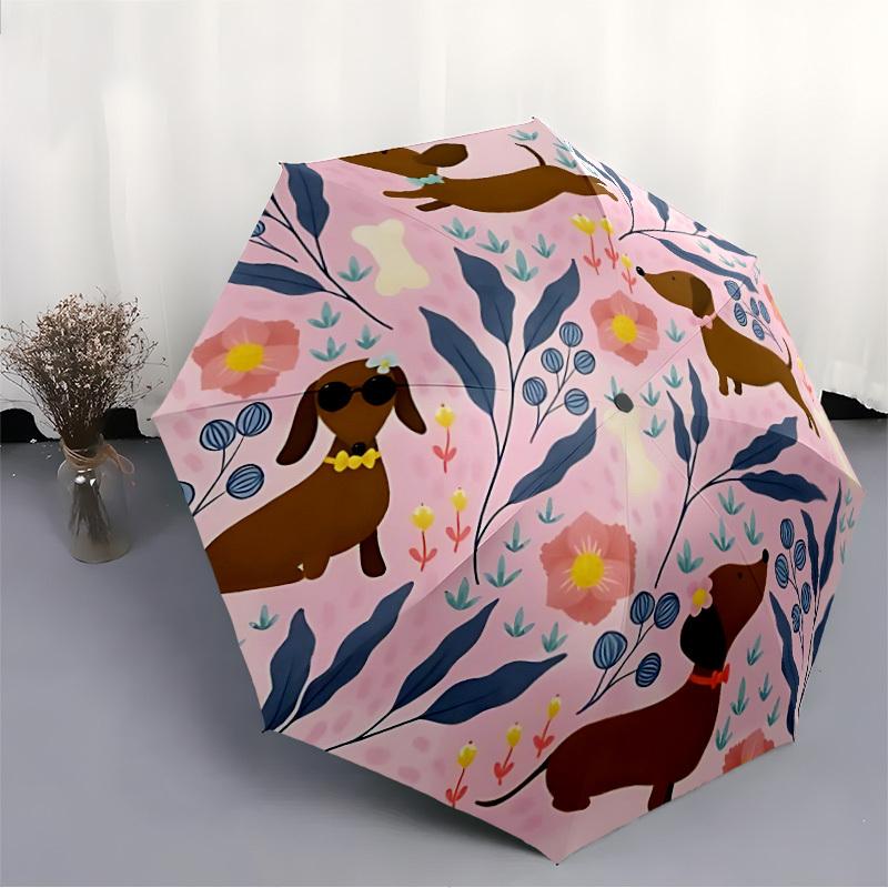 1pc Dachshund Floral Automatic Folding Umbrella - Compact 8-Rib Design, Durable Plastic & Iron, Lightweight for Outdoor Daily Use082