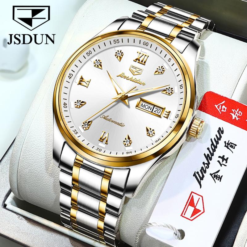 JINSHIDUN Новые деловые и развлекательные мужские часы, полностью автоматические механические часы с двойным календарем и ночной подсветкой, водонепроницаемые часы высокого класса