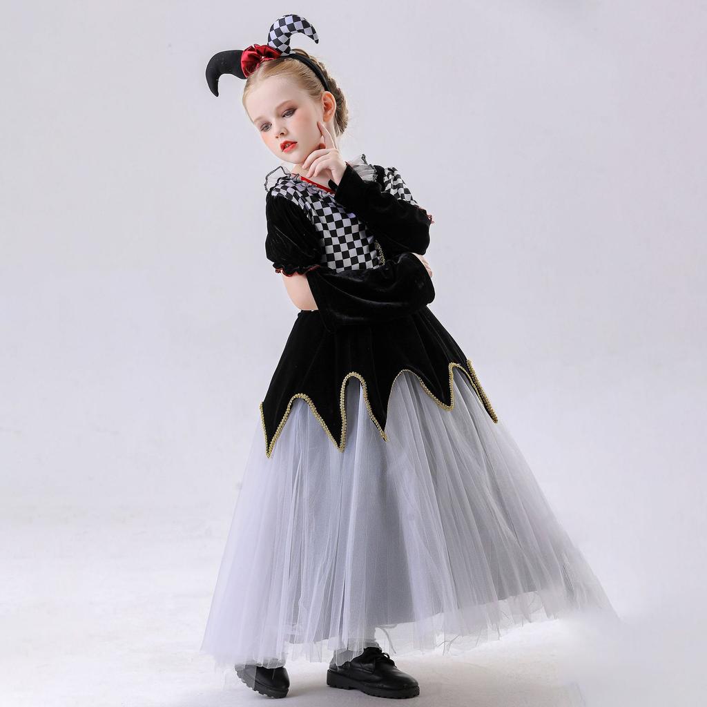 120-150cm Kids Poker Queen Black White Plaid Clown Princess Skirt Halloween Costume