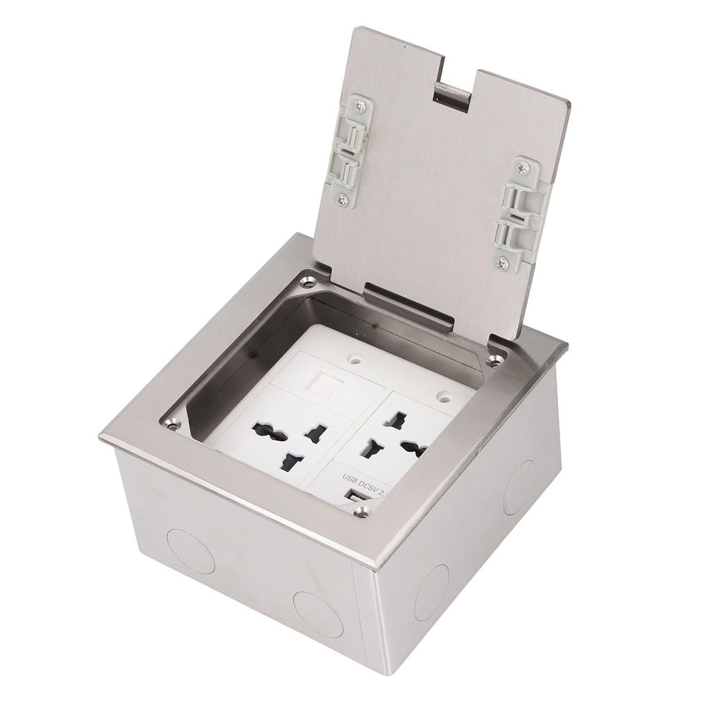 Recessed Floor Outlet Box Water Proof Stainless Steel Flat Socket 16A 2   3 Holes USB   Port Silver