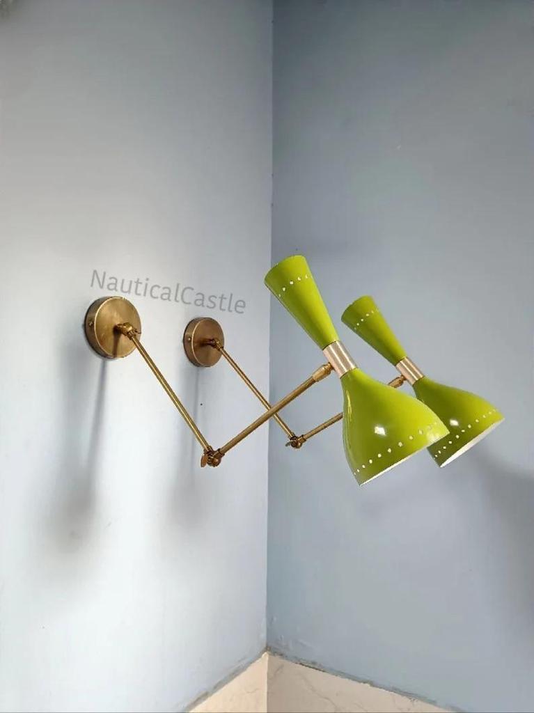 Brass Diabolo Wall Sconce Pair: Olive Green Mid Century Italian Lighting