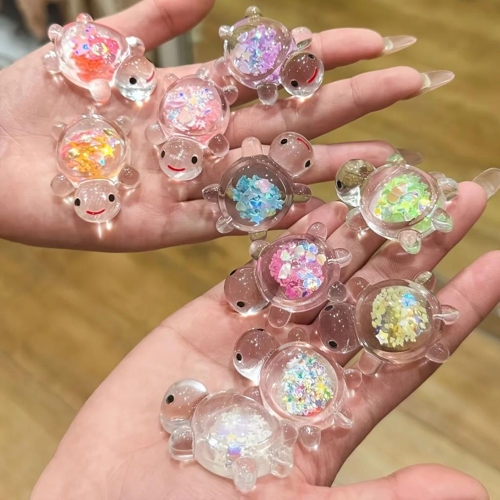 10Pcs Glow-In-The-Dark Transparent Sequin Resin Turtles Brightly Colored Mini Decorations Desktop Ornaments Trendy Toy Decor