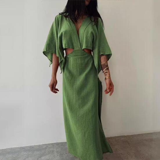 Женское платье макси с V-образным вырезом, сексуальное облегающее платье с коротким рукавом и разрезом, летнее длинное платье из хлопка и льна для пляжного отдыха