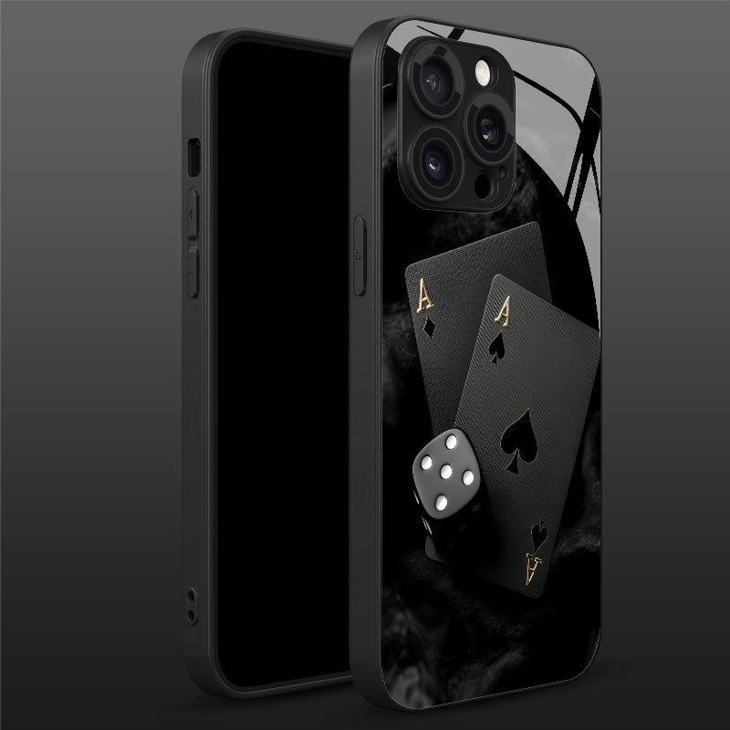 Креативный стеклянный чехол для телефона с узором из черных карт и игральных костей, подходит для iPhone 17 16 15 14 13 12 11 Pro/Max/Plus, противоударный
