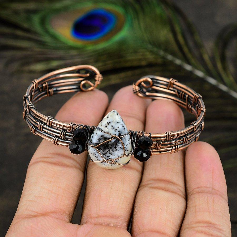 Браслет-манжета из натурального дендрита и опала ручной работы из медной проволоки, регулируемый T3m32