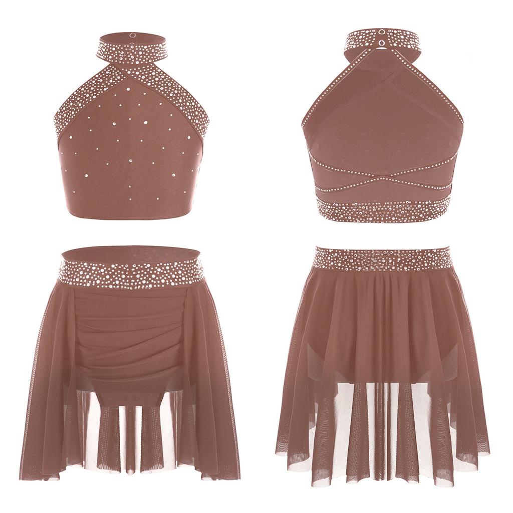 Girls Sparkly Rhinestones Lyrical Ballet Dance Dance Outfit Gymnastics Athletic Activewear Set Dancing Competition Performance