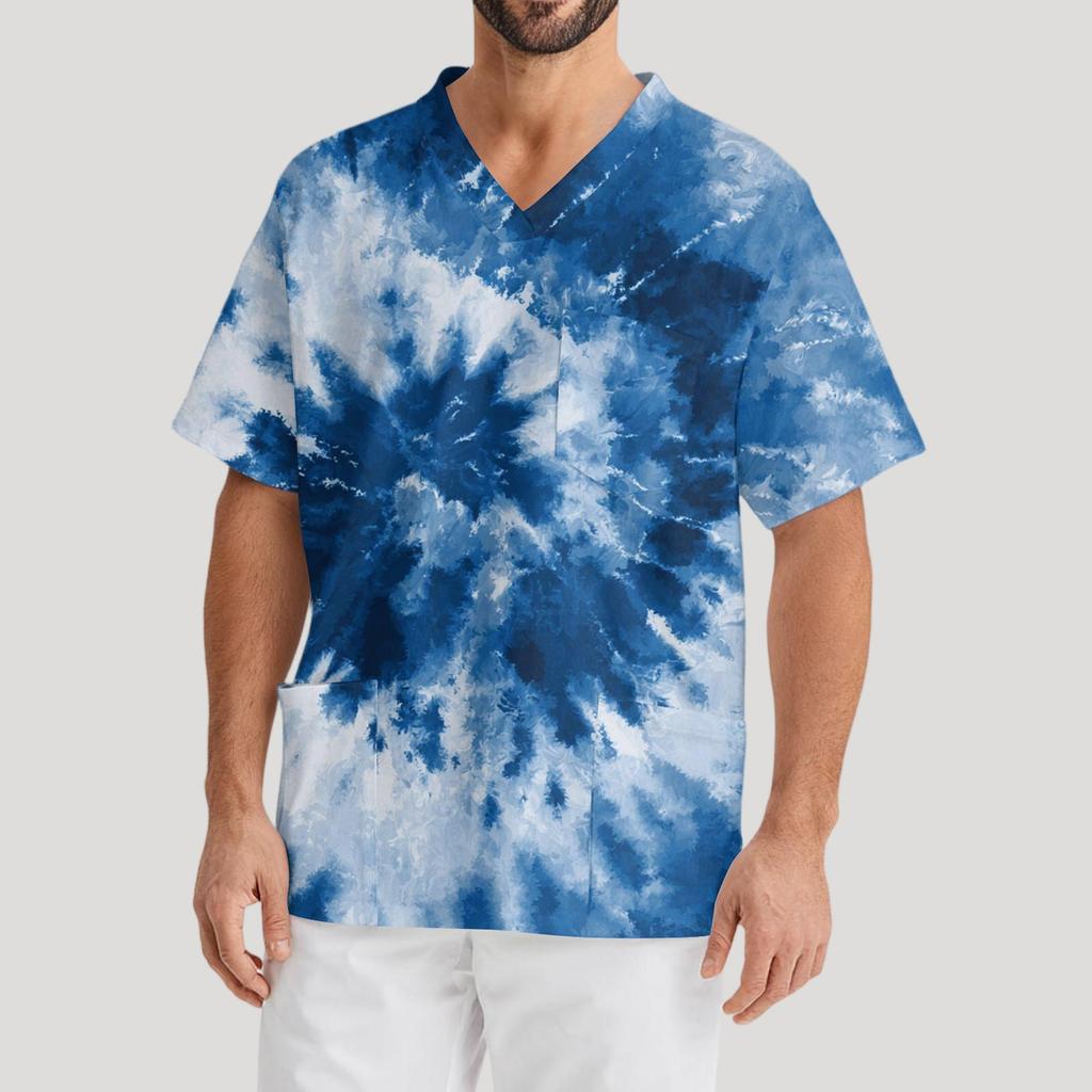 Мужская рабочая блузка с короткими рукавами и v-образным вырезом с принтом, топ с нагрудным карманом