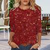 Women T-shirt Crew Neck 3/4 Sleeves Glitter Pullover Tops Shiny Sequins Solid Color Shimmering Blouse