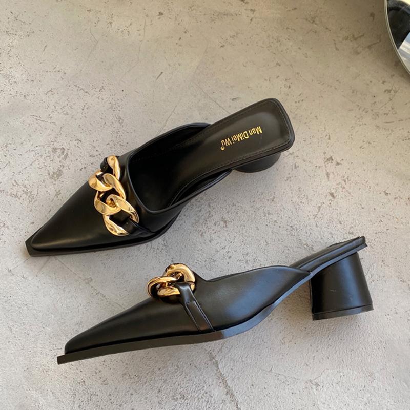 Summer Luxury Women Black High Heels Slippers Close Toe Block Heels Mules Designer Slip On Loafers Slides Party Shoes