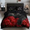 Black Cat Rose Print Duvet Cover And 2 Pillowcases Breathable Polyester Bedding Set Perfect For All Seasons