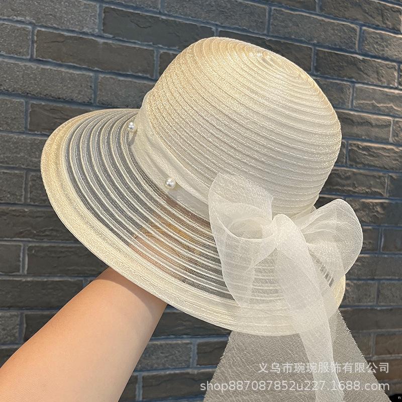 Summer women's sunshade big brim fisherman mesh hat women's bow sunscreen breathable sun hat beach basin hat