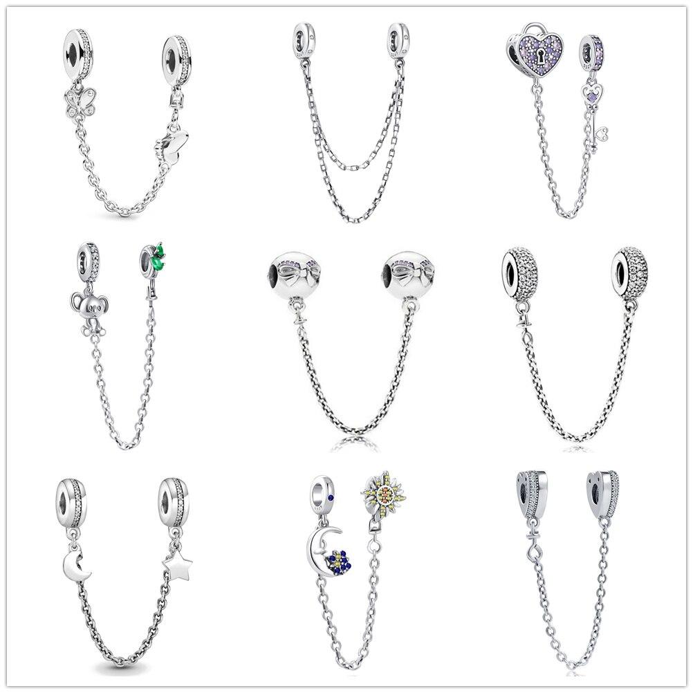 Silver 925 Zirconia Butterfly Flower Crown Safety Chain Charm Bead Fit Bracelet Pendant DIY Jewelry For Women