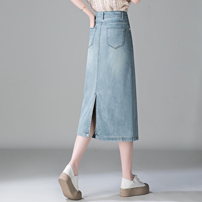 Women's Light Blue High Waist Denim A-Line Skirt with Slit - Spring 2026 Fashion