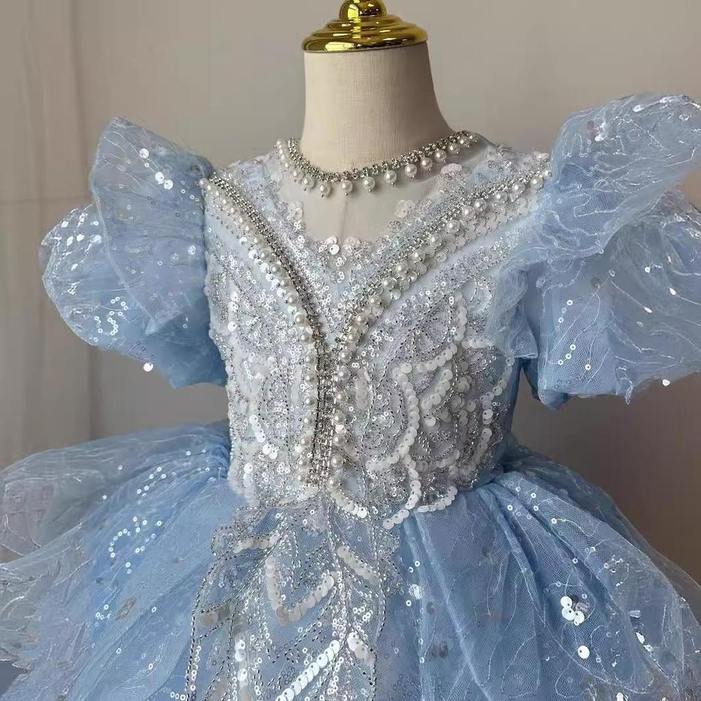2025 Baby Girl Princess Dress Sequin Party Dresses for Children Puff Sleeves Clothing Classy Flower Girls Costume for Wedding