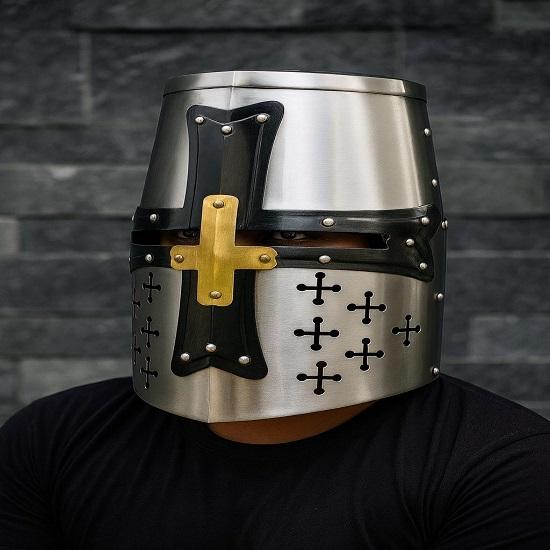 Medieval Templar Helmet 13th Century Full Face Steel Helmet Medieval Crusader Great Helmet Historical Cosplay LARP Helmet
