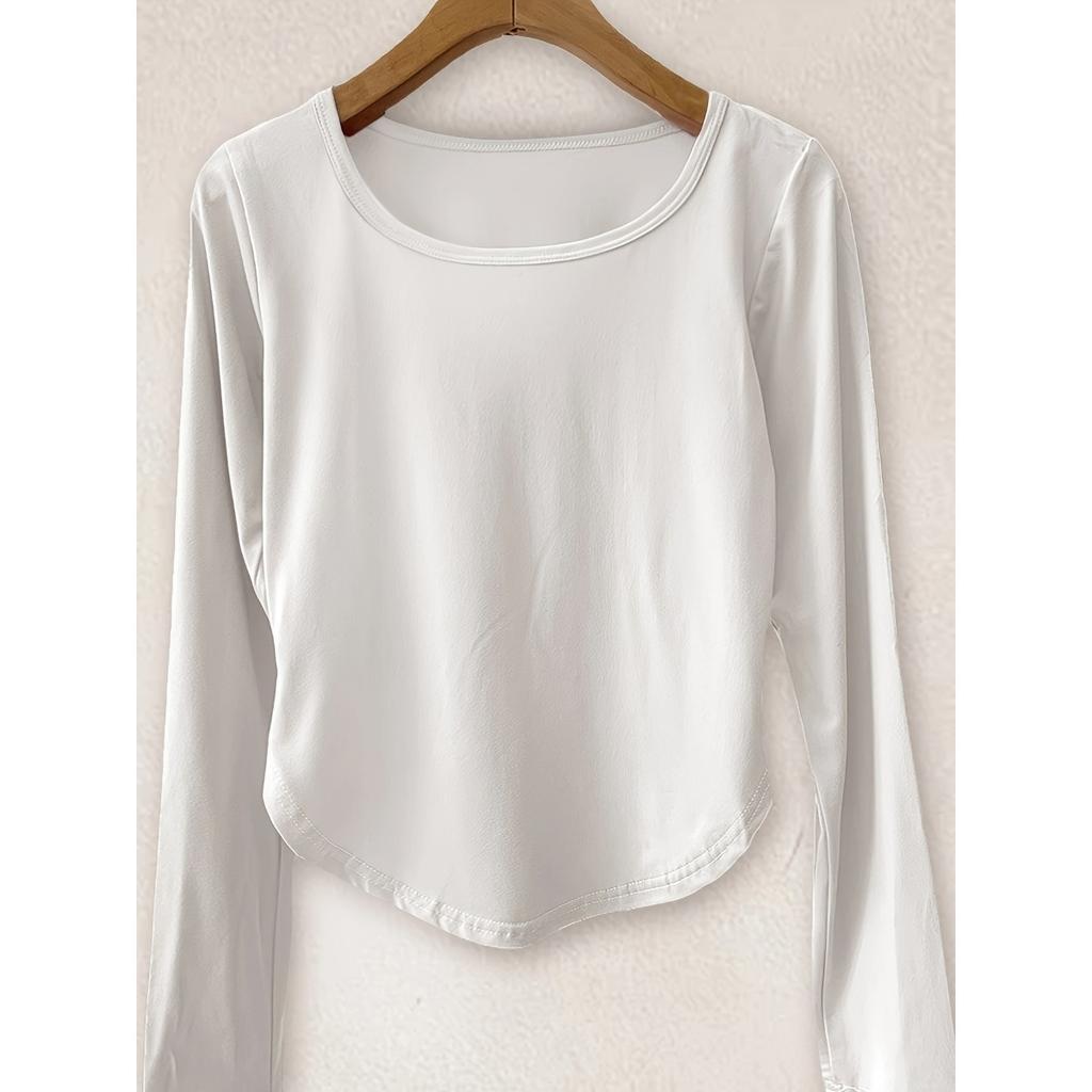 Женская сексуальная футболка из полиэстера с длинным рукавом, однотонный трикотажный топ с круглым вырезом, стандартной длины, мода на весну и осень
