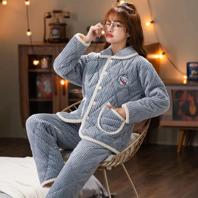 Пижама женская зимняя утолщенная трехслойная стеганая из хлопка и флиса для сохранения тепла, большого размера, можно носить как домашнюю одежду из кораллового флиса
