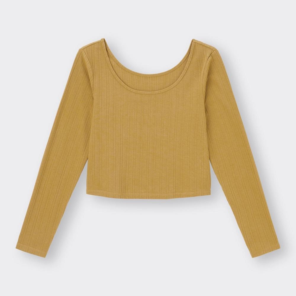 GU by Uniqlo Укороченная футболка из хлопковой смеси с широким вырезом и длинным рукавом, сухая 