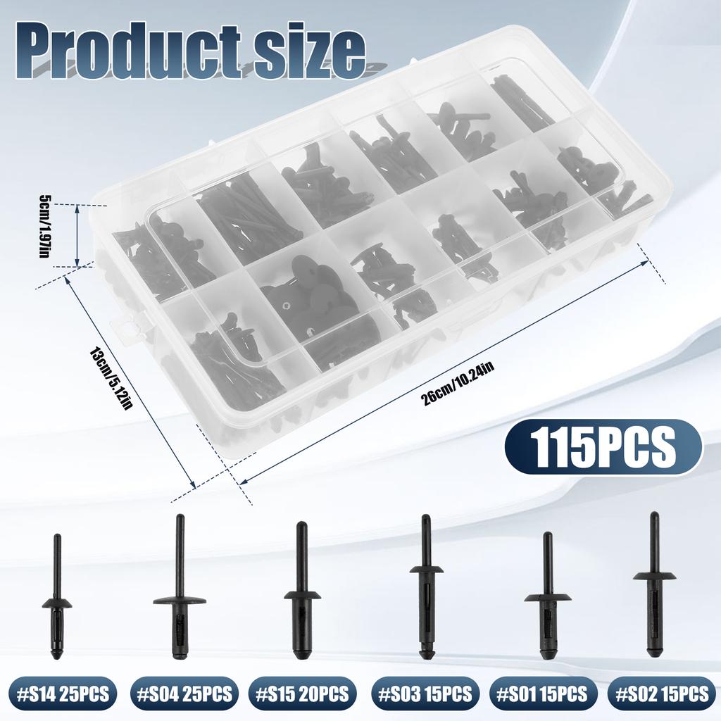 115 шт. автомобильных зажимов River, пластиковых автомобильных зажимов, 6 размеров, набор заклепок для смешанного автомобиля, сменный комплект крепежных элементов для салона автомобиля