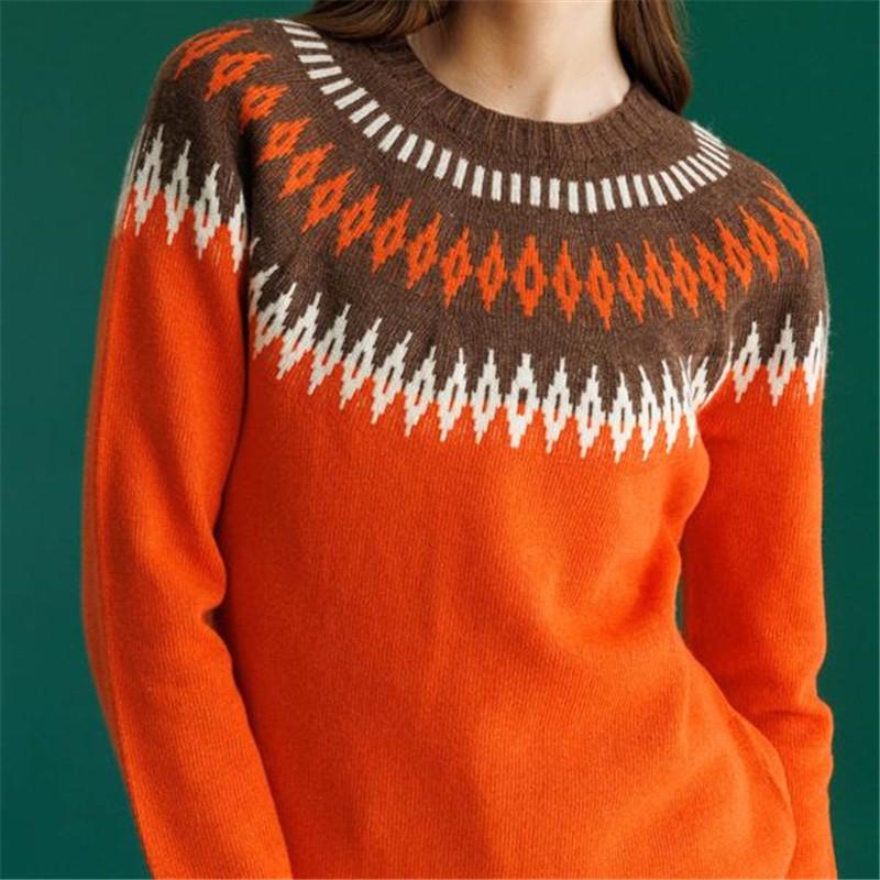 Womens Crew Neck Colorblock Knit Sweater Loose Fit Casual Pullover With Geometric