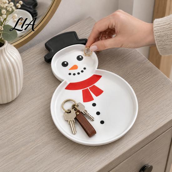 Decorative Jewelry Trinket Holder Christmas Snowman Serving Tray, Holiday Party 3D Supply Printed Platter Dish for Snacks, Candies, Goodies,