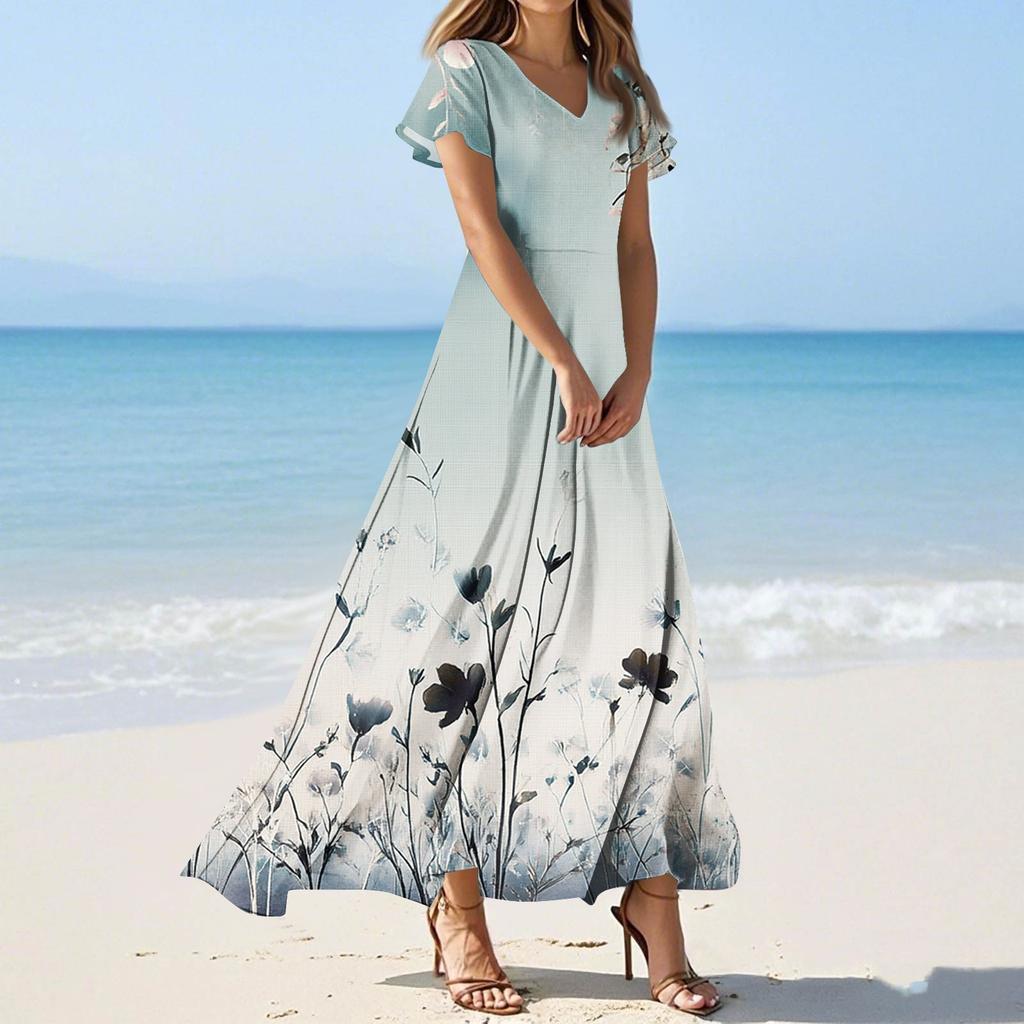 Women's Casual Fashion Print Long Dresses V-Neck Short Sleeve Dresses