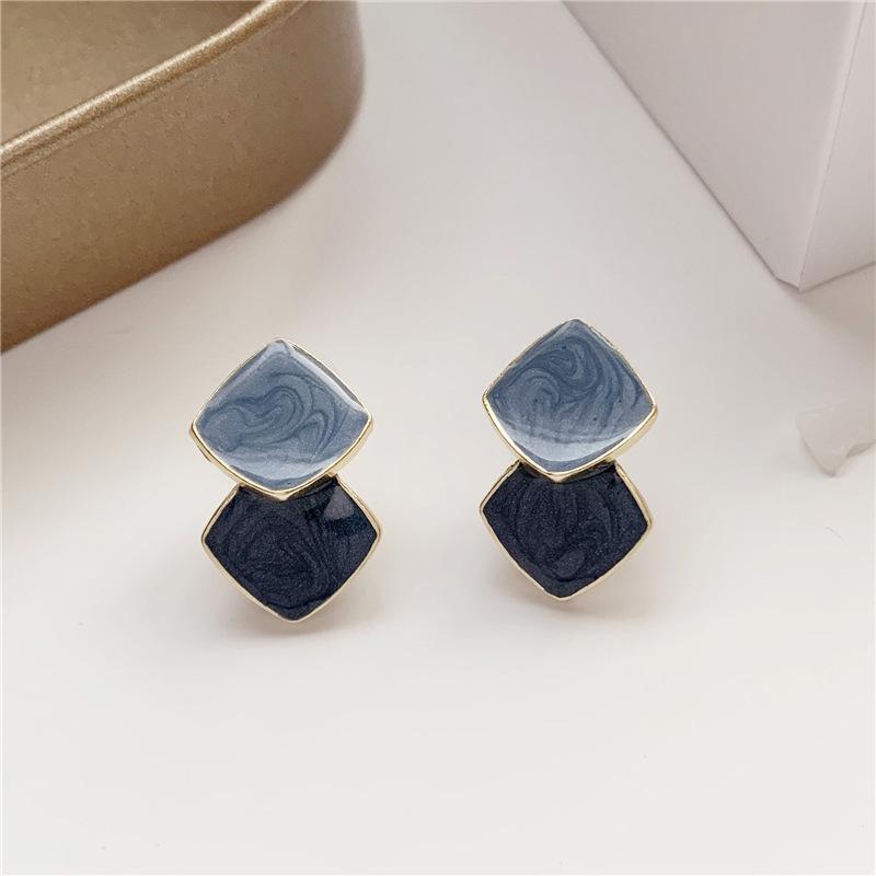 Enamel Blue Double Square Contrasting Color Stud Earrings for Women Modern Korean Fashion Cute Girl Geometry Zircon Accessories