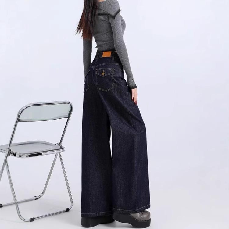 Женские ретро джинсы широкие от бедра с высокой посадкой темно-синие 2025 - Весенняя коллекция, Свободный крой, Расслабленный стиль, Прямые брюки