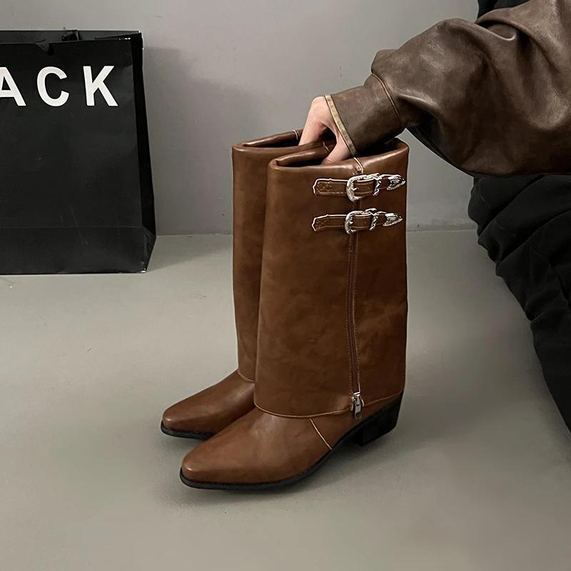 Панк женские гладиаторские высокие сапоги модные зимние новые остроносые трендовые женские туфли 2025 года до середины голени массивные дизайнерские мотоциклетные сапоги