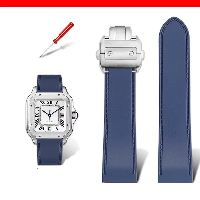 23 мм 25 м Для Cartier santos100 Santos силиконовый каучуковый ремешок для часов santos 100 Металлическая пряжка ремешок для часов мужской Черный синий мягкий браслет