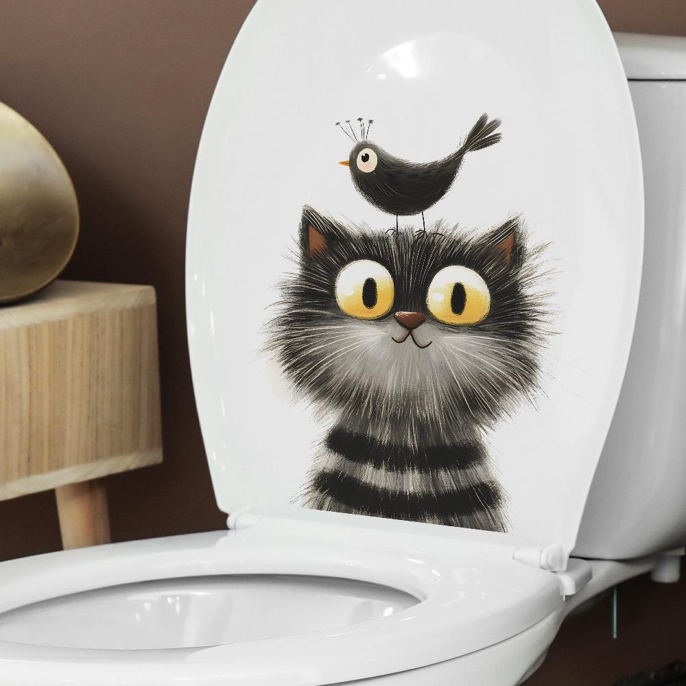 Cartoon Gray Cat and Bird Toilet Seat Sticker Bathroom Decor Playful Removable Waterproof Decal