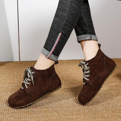 Модные плоские одинарные ботинки Женская мода Круглый носок Замша Шнуровка спереди Мягкая подошва Противоскользящие Износостойкие Короткие ботинки