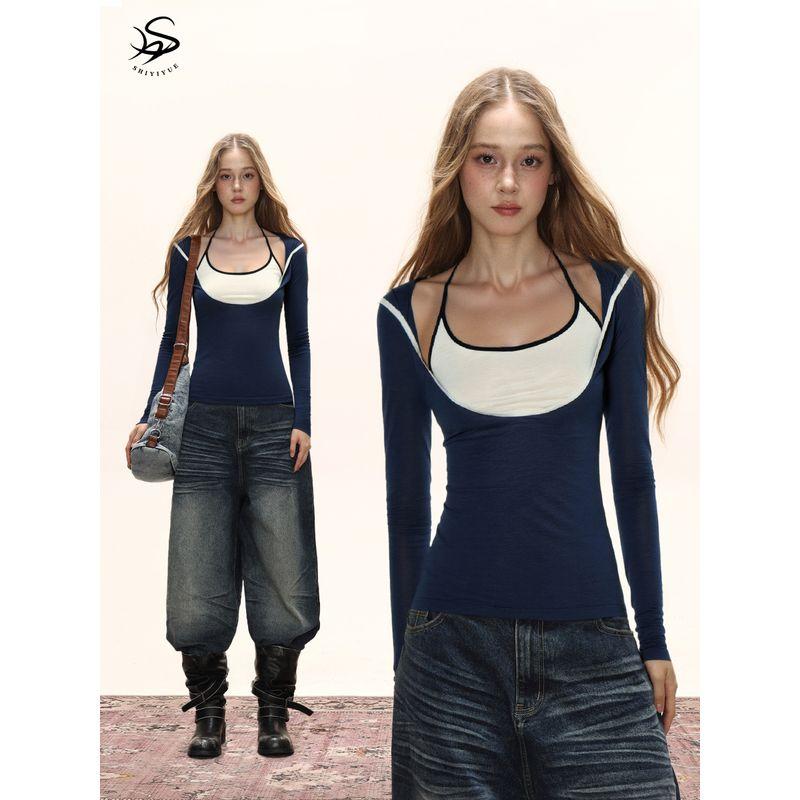 Shiyiyue American-Style White Halter Neck Camisole Top for Women, Autumn Spicy Girl Navy Blue Low-Neck Long-Sleeve Slimming Outfit