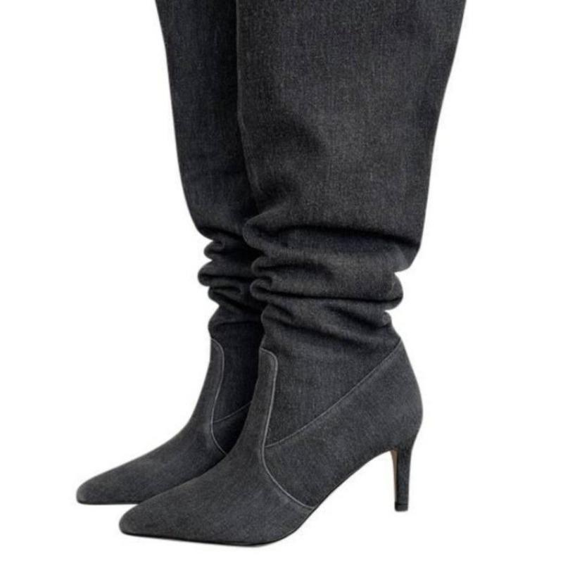 Весенние и осенние модные женские сапоги, новые однотонные джинсовые сапоги с острым носком и шпилькой, на высоком каблуке, с рукавами, женские высокие сапоги