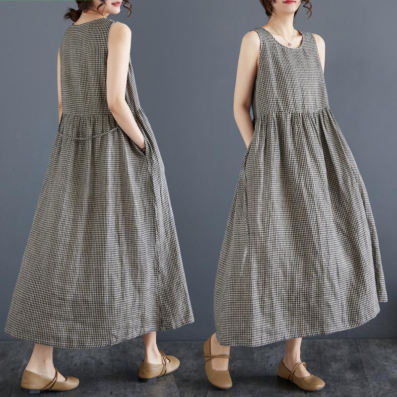 Vintage Plaid Tank Dress Crew Neck Sleeveless Base Dress Women's Long Summer Dress