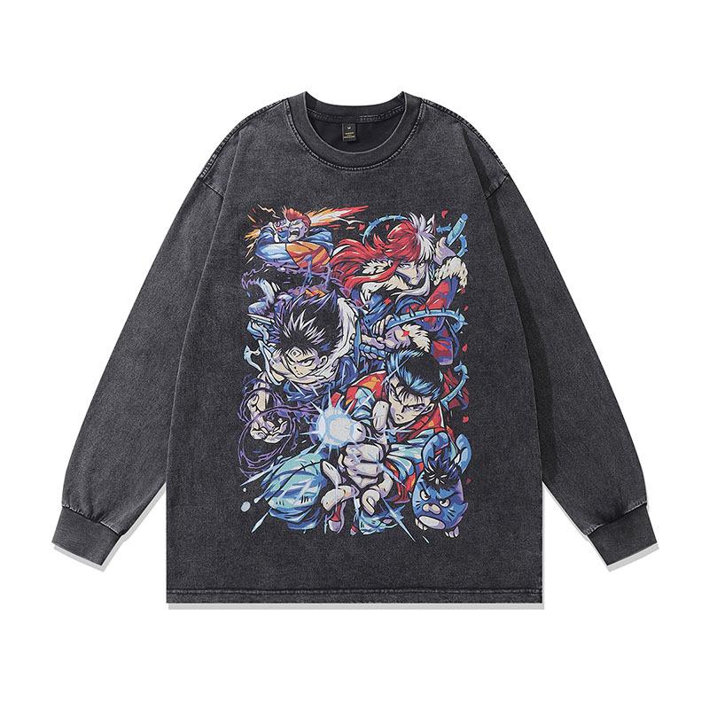 Japanese Retro Cartoon Printing Long-Sleeved Bottoming T-Shirt For Men And Women Hip-Hop Heavy Industry Washing And Doing Old Vintage Long Tee