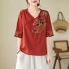 Embroidered Shirt Women's New V-neck New Chinese Solid Color Ethnic Style Top Loose Short Sleeved T-shirt Versatile