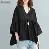 ZANZEA Women's Summer Casual V-Neck 3/4 Bell Sleeves Pleated Solid Color Loose A-Line Blouse