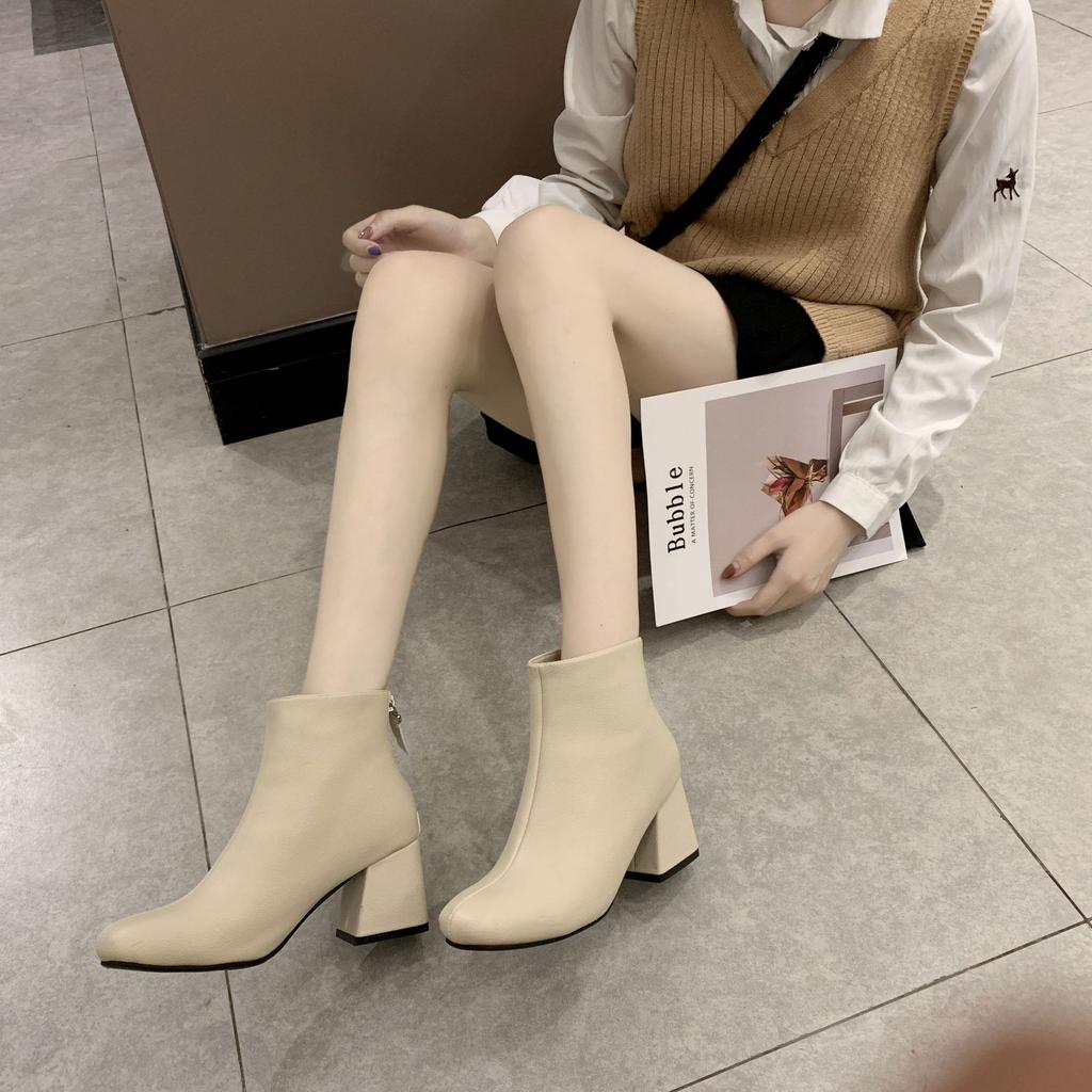 New Fashion Leather Ankle Boots Women Thick High Heels Zipper Pointed Toe Autumn Winter Woman Shoes Square Heel 2024